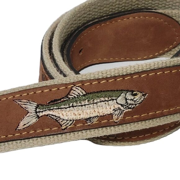 Zeppelin Trout Fishing Belt 42 Men Leather & Canvas Brass Buckle USA Embroidered - Picture 2 of 4